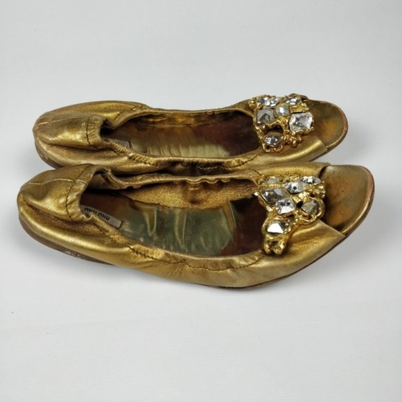 Miu Miu Prada Jeweled Embellished Peep Toe Ballet Flats Shoes Gold 38 EU - Picture 8 of 11